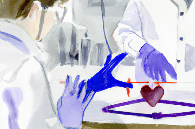 DALL·E 2023-07-30 17.33.00 - A watercolor drawing of a scientist measuring a persons heart rate in a laboratory.