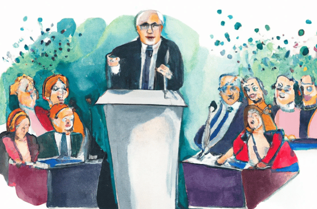 DALL·E 2023-08-15 14.26.43 - Politicians debating from a podium, wearing glasses, with people around, watercolor.