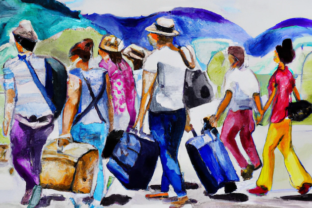 DALL·E 2023-09-12 16.27.50 - Many men and women with suitcases walking towards the same place, moving away from a mountain, fully color watercolor
