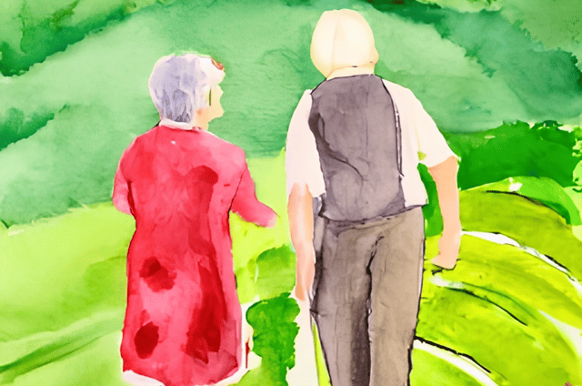 Ilustración de una pareja de personas mayores caminando en una colina